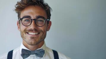 Charming Young Man With Glasses and Bow Tie Smiling Against a Light Background photo
