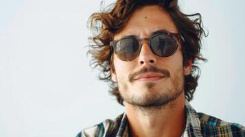 Confident Young Man With Curly Hair Wearing Sunglasses in Modern Indoor Setting photo