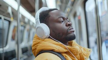 Urban Commuter Enjoying Music on a Quiet Subway Ride Through The City in Late Afternoon photo