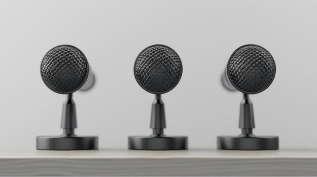 Artistic Arrangement of Three Black Microphones on a Minimalist Shelf in a Modern Studio Setting photo