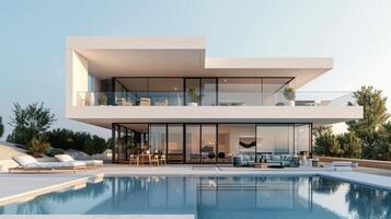 Modern Architectural Marvel Overlooking Tranquil Poolside Oasis on a Bright Sunny Day photo