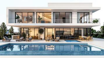 Modern Architectural Marvel Featuring Sleek Design and Stunning Poolside Oasis in a Sunny Residential Landscape photo