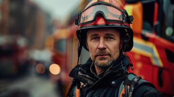 Brave Firefighter Standing Proudly in Front of His Fire Truck on a Gloomy Day photo