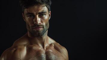 Striking Portrait of Muscular Man Embracing Fitness With Intense Expression in Dramatic Lighting photo