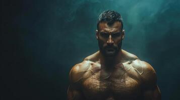 Powerful Muscular Man Posing Confidently in Dark Atmosphere With Soft Lighting photo