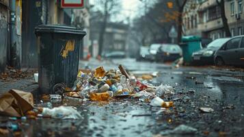 A Rainy Afternoon Depicts Urban Waste Accumulation Along a Quiet Street in Late Fall photo
