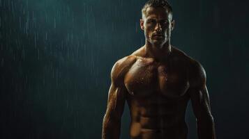 Dramatic Portrait of a Muscular Man Posing Confidently Under Rainy Lights in an Intense Setting photo