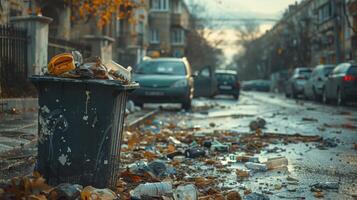 Urban Pollution and Waste Littering Streets on a Gloomy Autumn Evening in the City photo