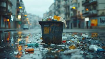 Urban Cleanup Challenge Amidst Rainy Streets With Overflowing Trash Bin in Abandoned City photo
