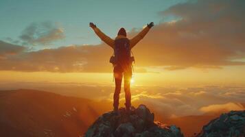 Captivating Sunrise View From Mountain Summit With Hiker Celebrating Nature's Beauty photo