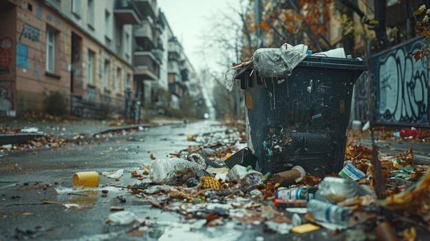 Urban Exploration of Abandoned Alley With Overflowing Trash and Graffiti in Autumn Light photo