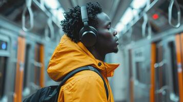 Stylish Young Man With Headphones Riding the Subway During a Quiet Morning Commute photo