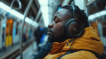 Quiet Moments of Serenity in a Busy Subway During Early Morning Commute photo