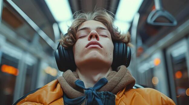 A Young Man Experiencing Tranquility While Traveling on a Subway Train at Dusk in an Urban Setting photo
