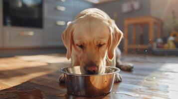 Golden Retriever Enjoys Refreshing Water From Bowl In Sunlit Kitchen During Lazy Afternoon photo