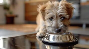 Adorable Puppy Enjoys Mealtime in Modern Kitchen Space During Daylight Hours photo