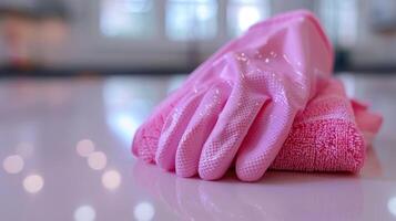 Bright Pink Rubber Gloves Resting on Soft Towel in Sparkling Clean Kitchen Environment photo
