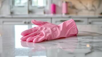The Bright Pink Glove Resting on a Polished Marble Countertop in a Sunlit Kitchen photo