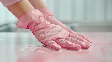 Hands Dressed in Pink Gloves Gently Cleaning a Bright Surface in a Sunlit Kitchen During Morning Light photo