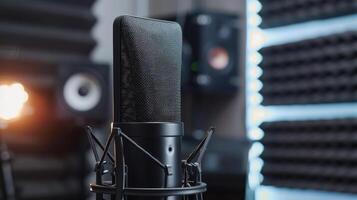Captivating Microphone Set Against Modern Studio Backdrop During Late Evening Recording Session photo