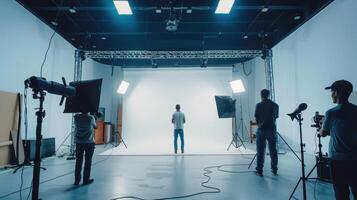 Creative Studio Session With Photographers Setting Up for a Professional Shoot in an Indoor Studio Space photo