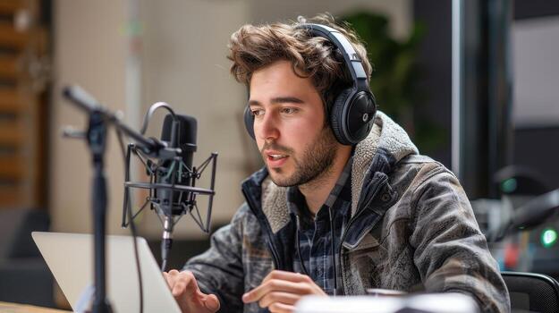 Young Man Engaged in Passionate Podcasting Session in Modern Studio Environment photo
