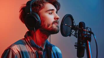 Young Man Recording Music In A Studio With Modern Microphone Under Colorful Lights photo