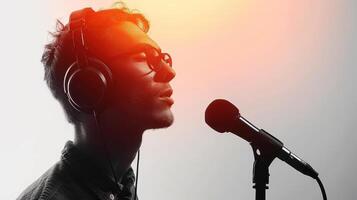 A Talented Singer Wearing Headphones Performs Passionately Against a Softly Lit Background photo