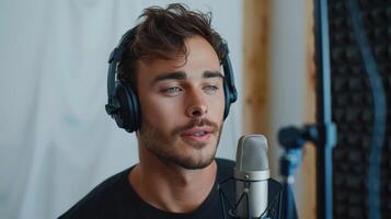 Young Man Singing Passionately in a Home Studio During Late Afternoon Light photo