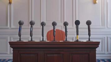 Press Conference Setup With Multiple Microphones Ready for Questions in a Historic Venue photo
