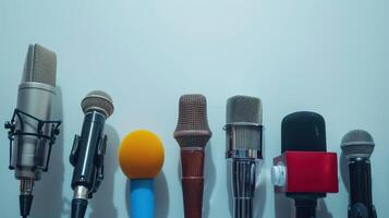 Diverse Array of Microphones Showcasing Unique Designs and Textures on a Minimalist Background photo