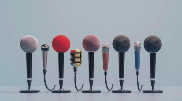 A Colorful Collection of Microphones Displayed on Stands During a Modern Art Exhibition photo