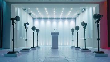 A Modern Stage Set for an Inspiring Speech in a Light-Filled Auditorium During Sunset photo