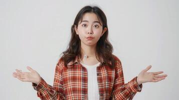 Young Woman Expressing Confusion While Wearing a Checkered Shirt in a Studio Setting photo