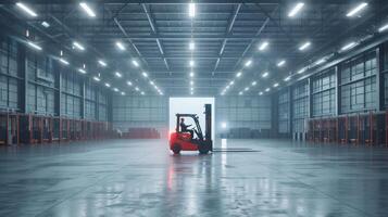 A Quiet Evening in a Spacious Warehouse With a Forklift Operating Amidst Soft Illuminated Colors photo