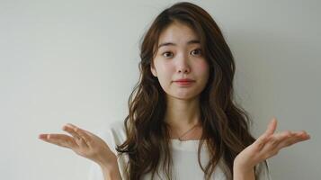 A Young Woman Expressing Uncertainty In A Bright, Minimalist Interior Setting During Late Afternoon photo