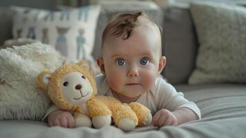 Adorable Infant Curiously Observing the World While Cuddling a Plush Lion Toy at Home photo