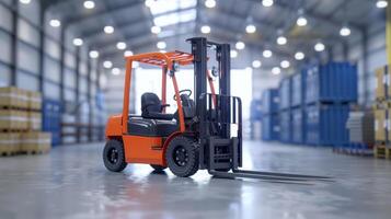 Brightly Colored Forklift Inside a Spacious Warehouse With Organized Stacks of Storage Containers photo