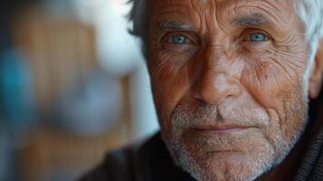 Captivating Portrait of an Elderly Man With Striking Blue Eyes Captured in Warm Light photo