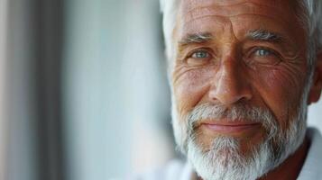 A Joyful Elderly Man With Salt-and-Pepper Beard Smiling in Natural Light by a Window photo