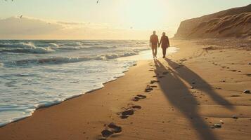 Golden Sunset Walk Along the Serene Beach With Gentle Waves and Seagulls Inviting Couples to Connect photo