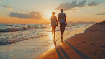 Couple Strolls Hand in Hand Along Sandy Beach During Vibrant Sunset Over Calm Ocean Waves photo