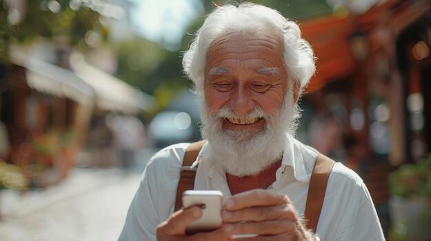 Joyful Elderly Man Engaged in Texting While Strolling Through Charming Market Street on a Sunny Day photo