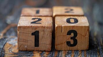 Beautifully Crafted Wooden Number Blocks Arranged Artistically on a Rustic Table photo