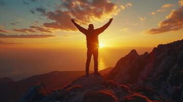 Silhouette of a Hiker Celebrating at Sunrise on a Mountain Summit Overlooking the Horizon photo