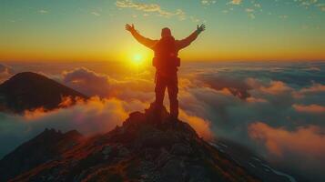 Majestic Sunrise Over Mountains as Adventurer Celebrates Triumph at Summit After Challenging Ascent photo