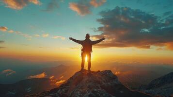 Breathtaking Sunset Vista From Mountain Peak With Adventurer Embracing Nature's Beauty at Dusk photo