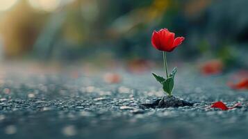 Resilient Red Flower Growing Through Cracked Pavement Under Soft Evening Light in Serene Nature Setting photo