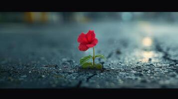 A Resilient Red Flower Emerging Through Rainy Pavement in an Urban Landscape at Dusk photo