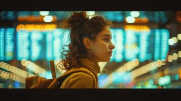 A Young Woman Stands Contemplatively in an Illuminated Train Station During Evening Rush Hour photo